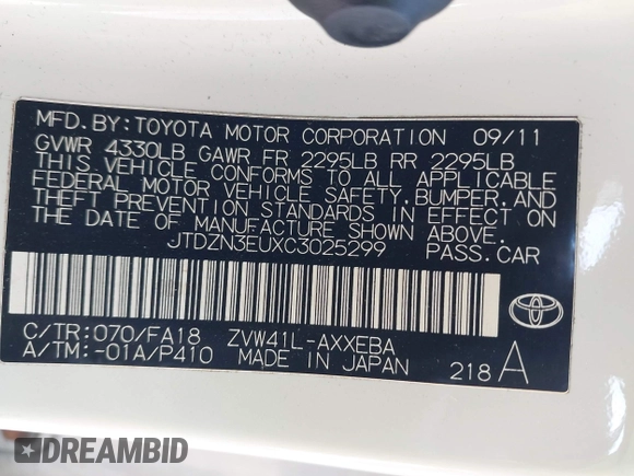 2012 Toyota Prius Two with VIN JTDZN3EUXC3025299, listed as a IAAI auction lot 41925141 with 280,882 mi miles and . Bid and sale history available at DreamBid. Image 9.
