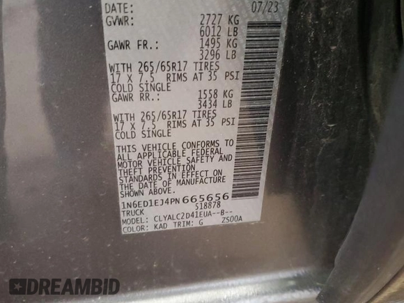 2023 Nissan Frontier SV with VIN 1N6ED1EJ4PN665656, listed as a Copart auction lot 51799915 with Not provided miles and Salvage title. Bid and sale history available at DreamBid. Image 12.