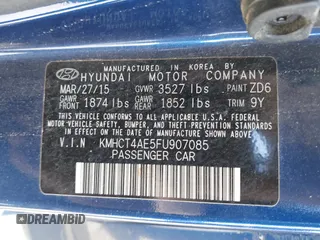 2015 Hyundai Accent GLS with VIN KMHCT4AE5FU907085, listed as a IAAI auction lot 41844688 with 156,384 mi miles. Bid and sale history available at carsss.com. Image 9.