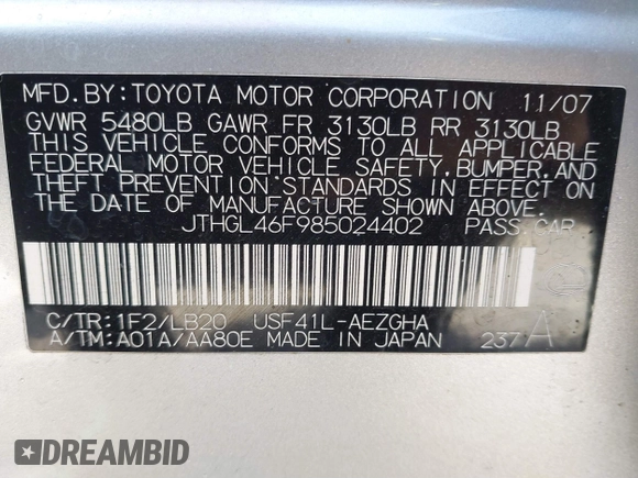 2008 Lexus LS 460 L with VIN JTHGL46F985024402, listed as a IAAI auction lot 41753588 with 167,373 mi miles and . Bid and sale history available at DreamBid. Image 9.