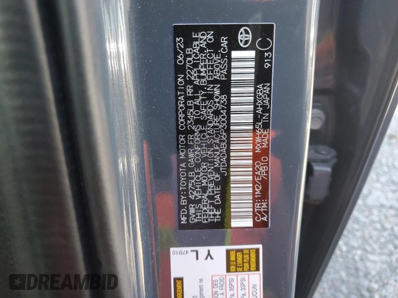 2023 Toyota Prius LE with VIN JTDADABU6P3004738, listed as a Copart auction lot 55495865 with Not Provided miles and Clean Title. Bid and sale history available at DreamBid. Image 12.