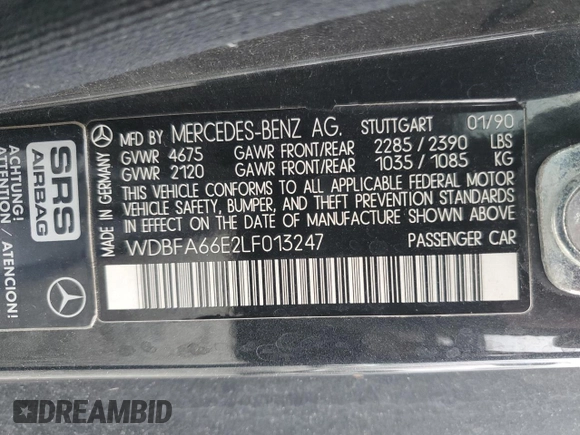 1990 Mercedes-Benz 500 z VIN WDBFA66E2LF013247, wystawiony jako Copart lot #53387305 z przebiegiem 121 472 mil mil oraz Szkoda całkowita • Salvage title. Historia ofert i sprzedaży dostępna na DreamBid. Obrazek 12.
