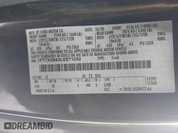 2020 Ford F-250 XL with VIN 1FT7X2B63LEE71252, listed as a IAAI auction lot 41999812 with 55,001 mi miles and . Bid and sale history available at DreamBid. Image 9.