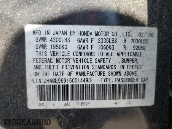 2006 Acura TSX Navi with VIN JH4CL96916C014493, listed as a Copart auction lot 64093285 with 212,944 mi miles and Clean title. Bid and sale history available at DreamBid. Image 12.