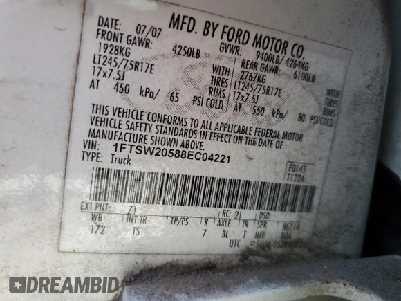 2008 Ford F-250 XL with VIN 1FTSW20588EC04221, listed as a Copart auction lot 55521315 with 176,276 mi miles and Salvage title. Bid and sale history available at DreamBid. Image 12.