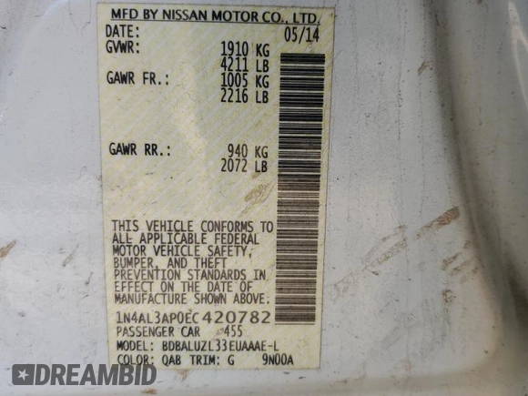 2014 Nissan Altima S with VIN 1N4AL3AP0EC420782, listed as a Copart auction lot 46880385 with 224,793 mi miles and Salvage Title. Bid and sale history available at DreamBid. Image 14.