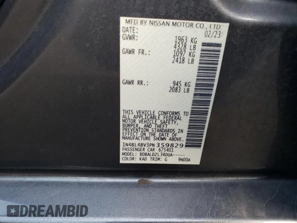 2023 Nissan Altima S with VIN 1N4BL4BV3PN359829, listed as a Copart auction lot 49512535 with 47,521 mi miles and Salvage Title. Bid and sale history available at carsss.com. Image 12.