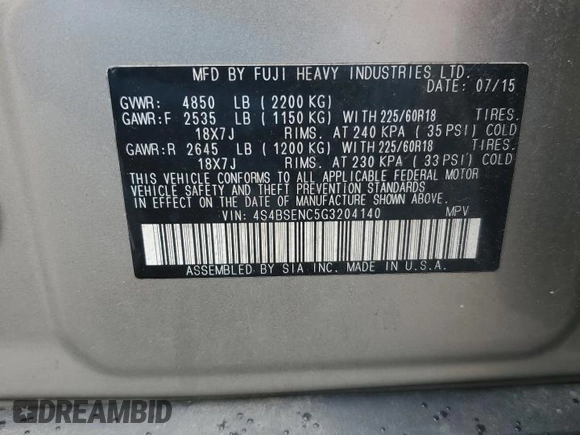 2016 Subaru Outback Limited с VIN 4S4BSENC5G3204140, выставлен на аукционе Copart как лот 58405825 с пробегом 92 433 миль миль и Списание • Salvage title. История ставок и продаж доступна на DreamBid. Изображение 13.