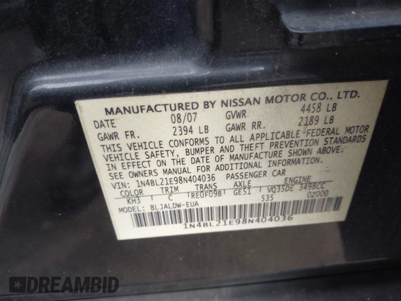 2008 Nissan Altima 3.5 SE with VIN 1N4BL21E98N404036, listed as a IAAI auction lot 41703232 with 284,553 mi miles. Bid and sale history available at carsss.com. Image 9.