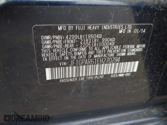 2014 Subaru Impreza Special Sports Limited with VIN JF1GPAR61EH270294, listed as a IAAI auction lot 42590001 with 135,427 mi miles and . Bid and sale history available at DreamBid. Image 9.