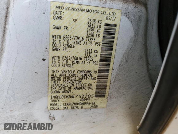 2017 Nissan Frontier Pro-4X z VIN 1N6DD0EV7HN752705, wystawiony jako Copart lot #51716755 z przebiegiem 75 135 mil mil oraz Szkoda całkowita • Salvage title. Historia ofert i sprzedaży dostępna na DreamBid. Obrazek 12.