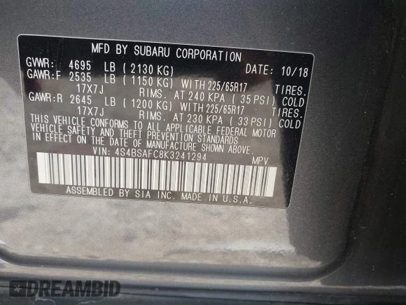 2019 Subaru Outback Premium with VIN 4S4BSAFC8K3241294, listed as a IAAI auction lot 42398902 with 66,026 mi miles and . Bid and sale history available at DreamBid. Image 9.