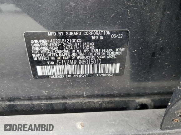 2022 Subaru WRX Premium with VIN JF1VBAH63N8015010, listed as a Copart auction lot 57889445 with 19,737 mi miles and Salvage title. Bid and sale history available at DreamBid. Image 12.