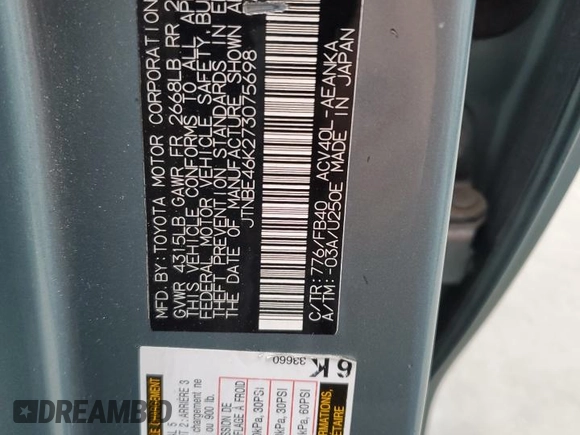 2007 Toyota Camry CE with VIN JTNBE46K273075698, listed as a Copart auction lot 51086285 with 183,237 mi miles and Salvage Title. Bid and sale history available at DreamBid. Image 12.