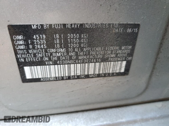 2015 Subaru Legacy 2.5i Premium with VIN 4S3BNBC64F3074616, listed as a Copart auction lot 40975723 with 93,242 mi miles. Bid and sale history available at carsss.com. Image 12.