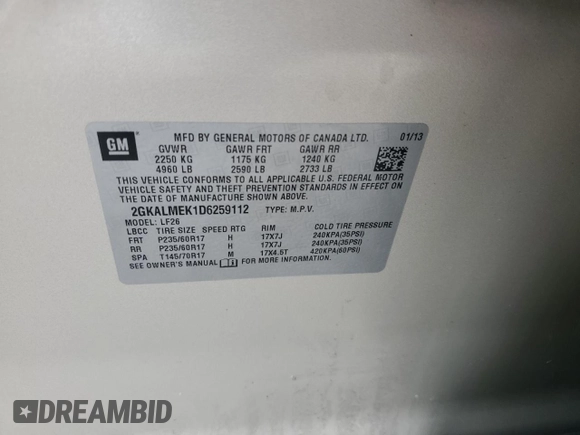 2013 GMC Terrain SLE with VIN 2GKALMEK1D6259112, listed as a Copart auction lot 45206375 with 134,265 mi miles and Clean Title. Bid and sale history available at DreamBid. Image 14.