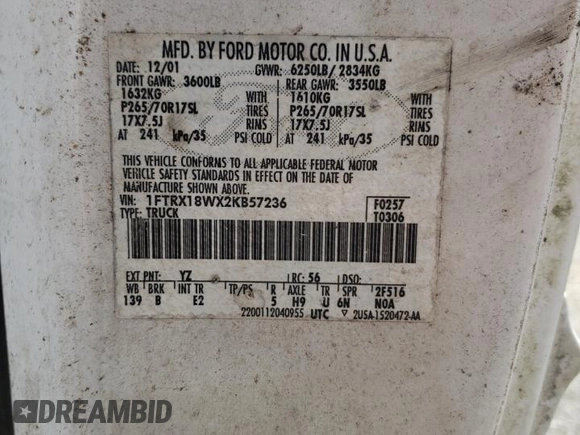 2002 Ford F-150 с VIN 1FTRX18WX2KB57236, выставлен на аукционе Copart как лот 62033015 с пробегом Не указан миль и Чистый • Clean title. История ставок и продаж доступна на DreamBid. Изображение 12.