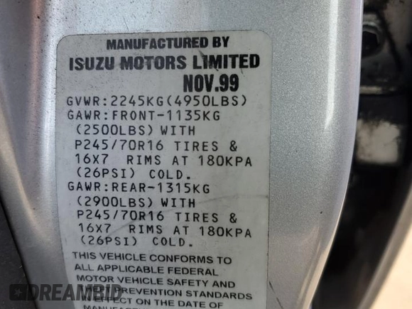 2000 Isuzu Rodeo S z VIN 4S2CK58W2Y4311726, wystawiony jako Copart lot #85070364 z przebiegiem 226 510 mil mil oraz Szkody całkowita. Historia ofert i sprzedaży dostępna na DreamBid. Obrazek 13.