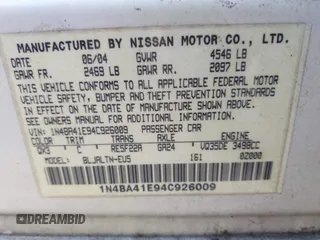 2004 Nissan Maxima SE with VIN 1N4BA41E94C926009, listed as a IAAI auction lot 42583368 with Not provided miles and . Bid and sale history available at DreamBid. Image 9.