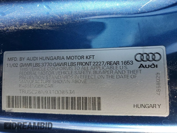 2003 Audi TT with VIN TRUSC28N931008534, listed as a Copart auction lot 71025664 with 147,681 mi miles and Salvage title. Bid and sale history available at DreamBid. Image 12.