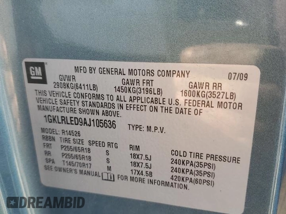 2010 GMC Acadia SLE with VIN 1GKLRLED9AJ105636, listed as a Copart auction lot 42146635 with 140,026 mi miles and Salvage Title. Bid and sale history available at DreamBid. Image 13.