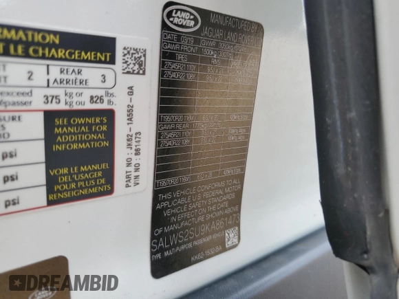 2019 Land Rover Range Rover Sport HST with VIN SALWS2SU9KA861473, listed as a Copart auction lot 68935824 with 59,662 mi miles and Salvage title. Bid and sale history available at DreamBid. Image 15.