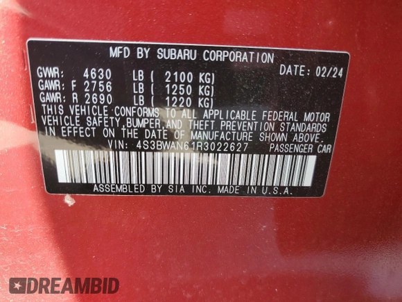 2024 Subaru Legacy Limited z VIN 4S3BWAN61R3022627, wystawiony jako Copart lot #52851515 z przebiegiem 14 637 mil mil oraz Szkoda całkowita • Salvage title. Historia ofert i sprzedaży dostępna na DreamBid. Obrazek 14.