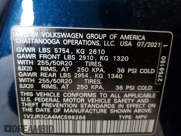 2021 Volkswagen Atlas SE z VIN 1V2JR2CA4MC598266, wystawiony jako Copart lot #54198515 z przebiegiem 72 249 mil mil oraz Szkoda całkowita • Salvage title. Historia ofert i sprzedaży dostępna na DreamBid. Obrazek 13.
