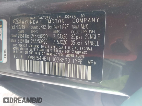 2020 Hyundai Palisade Limited with VIN KM8R54HE4LU078533, listed as a IAAI auction lot 42596029 with 135,256 mi miles and . Bid and sale history available at DreamBid. Image 9.