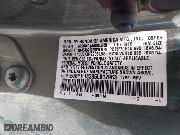 2005 Honda Element LX with VIN 5J6YH18385L012963, listed as a IAAI auction lot 42025122 with Not Provided miles and . Bid and sale history available at DreamBid. Image 9.