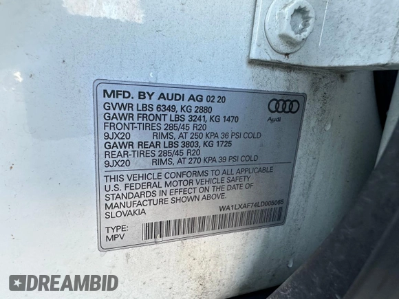 2020 Audi Q7 Premium Plus with VIN WA1LXAF74LD005065, listed as a Copart auction lot 52918075 with 88,978 mi miles and Clean Title. Bid and sale history available at carsss.com. Image 10.