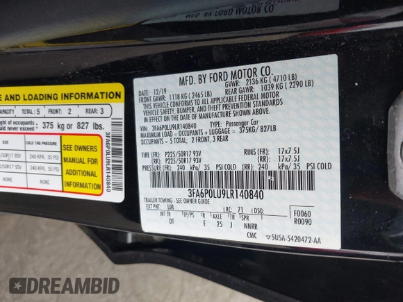 2020 Ford Fusion SE with VIN 3FA6P0LU9LR140840, listed as a IAAI auction lot 42182056 with 35,542 mi miles and . Bid and sale history available at DreamBid. Image 9.