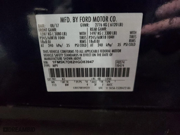 2017 Ford Explorer XLT with VIN 1FM5K7D82HGD83947, listed as a Copart auction lot 43919815 with 71,587 mi miles and Salvage Title. Bid and sale history available at carsss.com. Image 14.