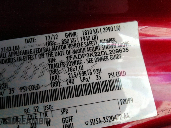 2013 Ford Focus SE with VIN 1FADP3K22DL209635, listed as a IAAI auction lot 35527377 with 91,180 mi miles. Bid and sale history available at carsss.com. Image 9.