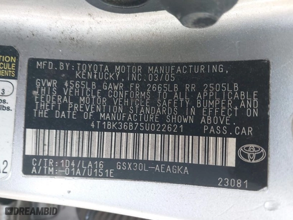 2005 Toyota Avalon XL with VIN 4T1BK36B75U022621, listed as a IAAI auction lot 41714437 with 262,919 mi miles. Bid and sale history available at carsss.com. Image 9.