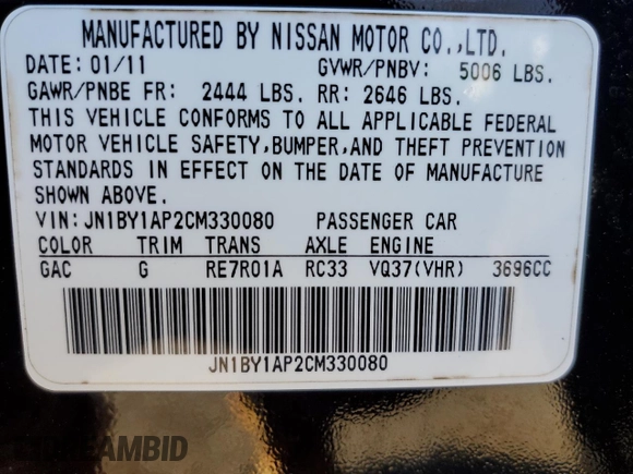 2012 Infiniti M37 with VIN JN1BY1AP2CM330080, listed as a Copart auction lot 82846994 with 0 mi miles and Salvage Title. Bid and sale history available at carsss.com. Image 13.