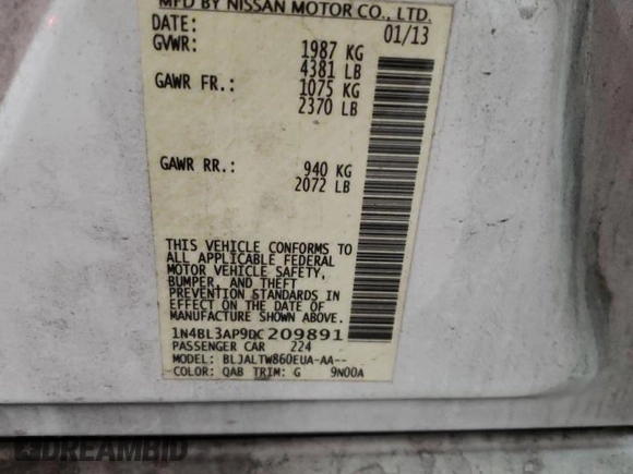 2013 Nissan Altima SV with VIN 1N4BL3AP9DC209891, listed as a Copart auction lot 46095215 with 175,496 mi miles and Clean Title. Bid and sale history available at DreamBid. Image 12.