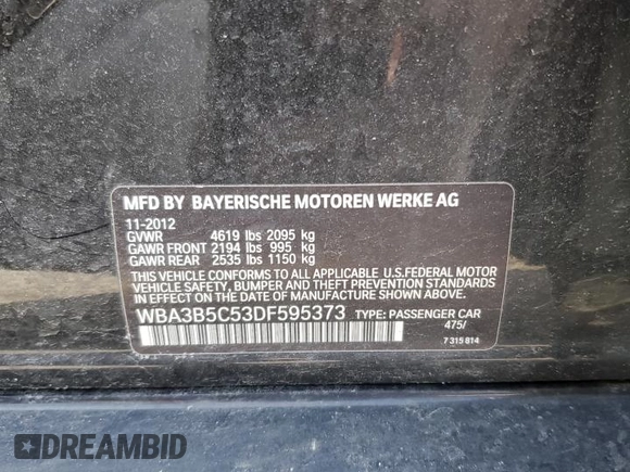 2013 BMW 3 Series 328i xDrive z VIN WBA3B5C53DF595373, wystawiony jako Copart lot #54227095 z przebiegiem 92 311 mil mil oraz Szkoda całkowita • Salvage title. Historia ofert i sprzedaży dostępna na DreamBid. Obrazek 13.