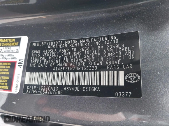 2011 Toyota Camry LE z VIN 4T4BF3EK7BR165320, wystawiony jako IAAI lot #41299126 z przebiegiem 271 182 mil mil oraz . Historia ofert i sprzedaży dostępna na DreamBid. Obrazek 9.