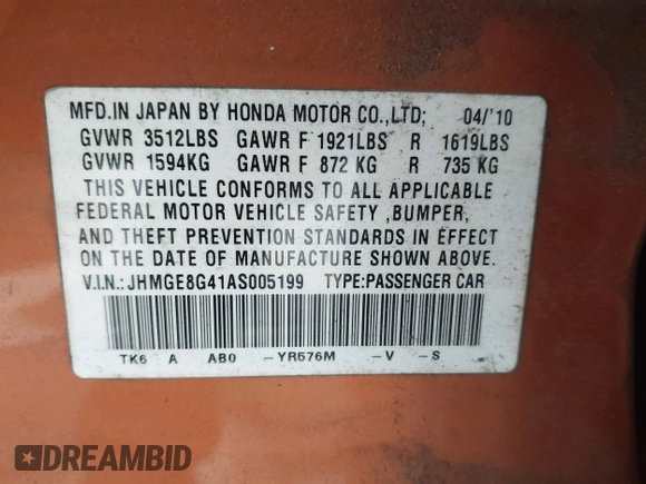 2010 Honda Fit Sport with VIN JHMGE8G41AS005199, listed as a IAAI auction lot 42272621 with 205,682 mi miles and . Bid and sale history available at DreamBid. Image 9.