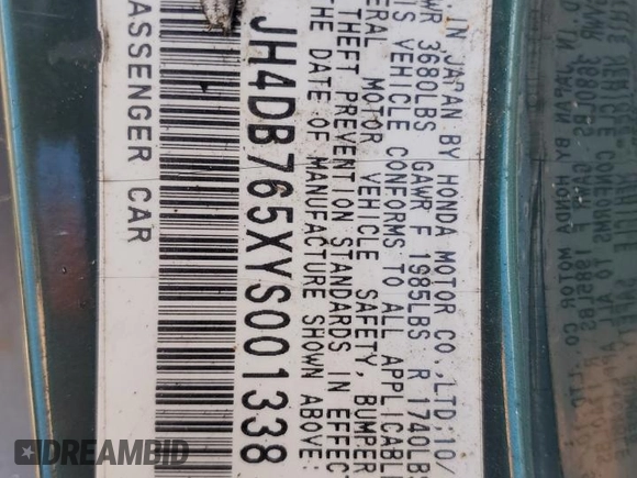 2000 Acura Integra LS z VIN JH4DB765XYS001338, wystawiony jako Copart lot #74884714 z przebiegiem 179 441 mil mil oraz Szkoda całkowita • Salvage title. Historia ofert i sprzedaży dostępna na DreamBid. Obrazek 12.
