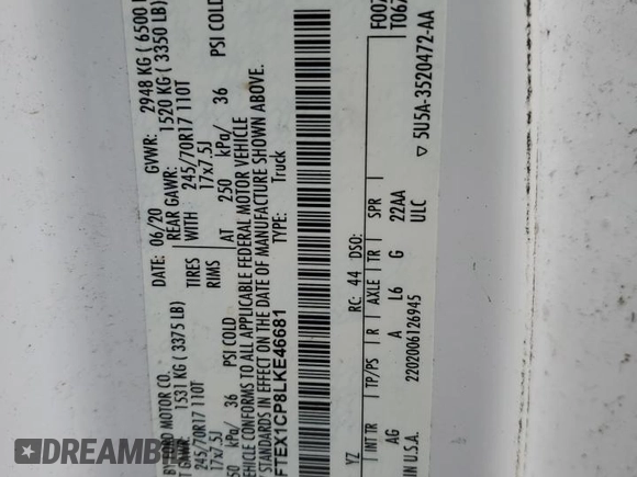 2020 Ford F-150 XL with VIN 1FTEX1CP8LKE46681, listed as a Copart auction lot 63350965 with 93,685 mi miles and Clean title. Bid and sale history available at DreamBid. Image 12.
