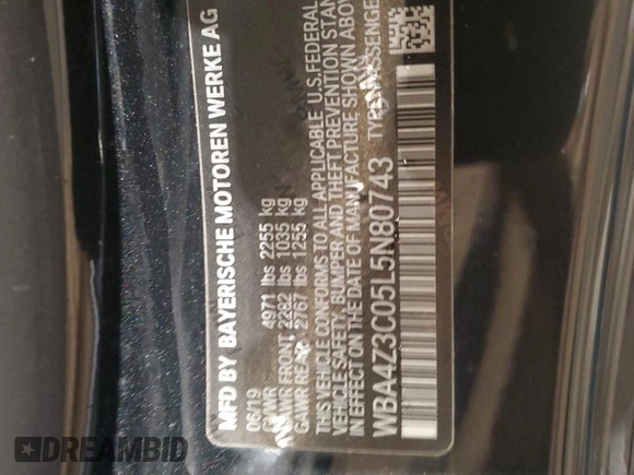 2020 BMW 4 Series 430i xDrive with VIN WBA4Z3C05L5N80743, listed as a Copart auction lot 57790385 with 12,498 mi miles and Salvage title. Bid and sale history available at DreamBid. Image 12.