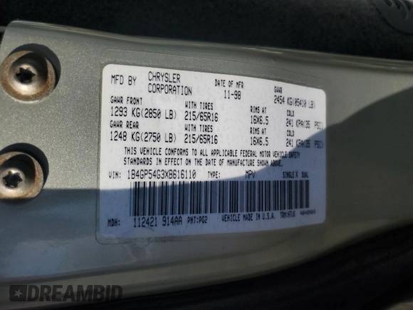 1999 Dodge Grand Caravan with VIN 1B4GP54G3XB616110, listed as a Copart auction lot 44845515 with 151,582 mi miles and Salvage Title. Bid and sale history available at DreamBid. Image 14.