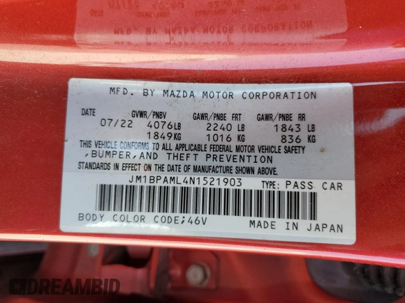 2022 Mazda Mazda3 Hatchback Premium with VIN JM1BPAML4N1521903, listed as a Copart auction lot 45798465 with 28,189 mi miles and Salvage Title. Bid and sale history available at carsss.com. Image 14.