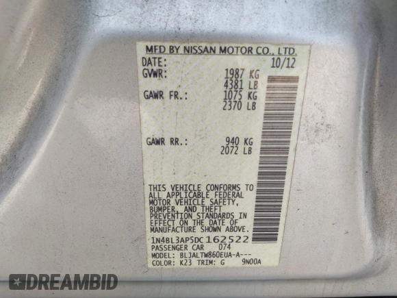 2013 Nissan Altima SL with VIN 1N4BL3AP5DC162522, listed as a IAAI auction lot 41684332 with 161,423 mi miles and . Bid and sale history available at DreamBid. Image 9.