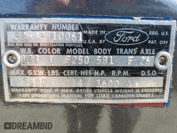 1964 Ford F-250 с VIN F25JP510061, выставлен на аукционе Copart как лот 80221024 с пробегом 46 369 миль миль и Чистый • Clean title. История ставок и продаж доступна на DreamBid. Изображение 12.