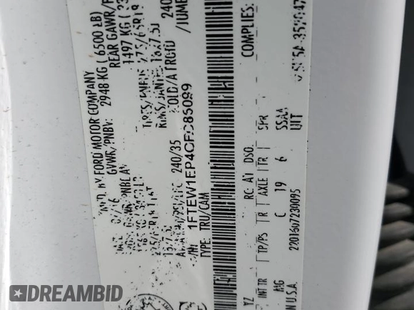 2016 Ford F-150 XLT with VIN 1FTEW1EP4GFC86099, listed as a Copart auction lot 55831775 with 104,243 mi miles and Salvage title. Bid and sale history available at DreamBid. Image 12.