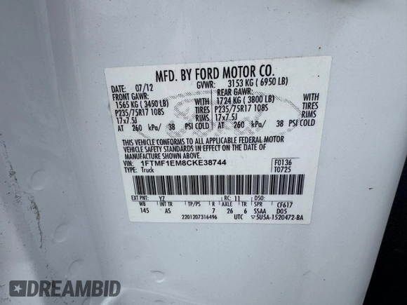 2012 Ford F-150 XL с VIN 1FTMF1EM8CKE38744, выставлен на аукционе Copart как лот 54274445 с пробегом 154 744 миль миль и Чистый • Clean title. История ставок и продаж доступна на DreamBid. Изображение 10.
