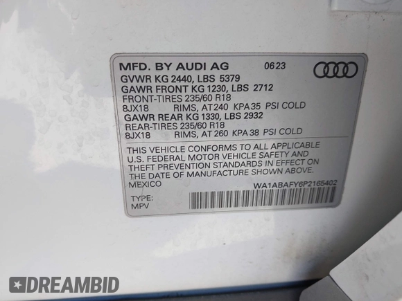 2023 Audi Q5 Premium with VIN WA1ABAFY6P2165402, listed as a IAAI auction lot 41969291 with 33,540 mi miles and . Bid and sale history available at DreamBid. Image 9.